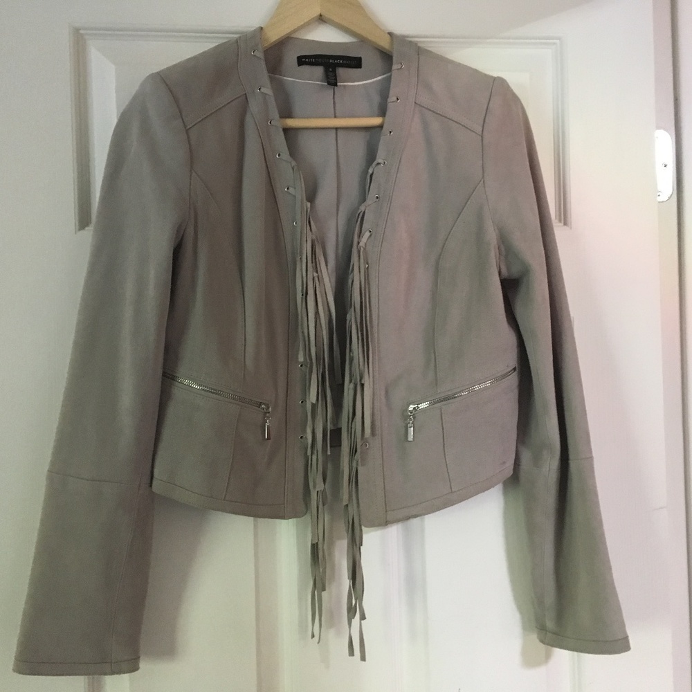 WHITE HOUSE BLACK MARKET Grey suede fringe jacket